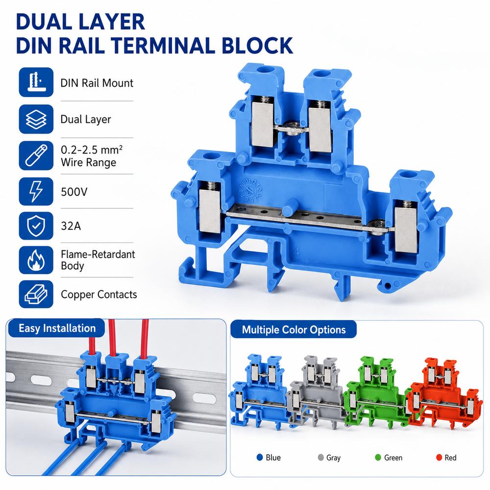 Double Level Electrical Terminal Block 4-Conductor DIN Rail Terminal Industrial Control