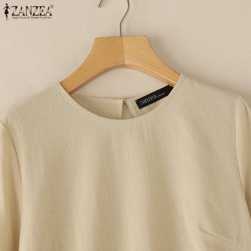 ZANZEA Women Casual Round Neck Solid Color 3/4 Sleeve Blouse