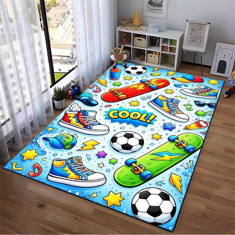 Colorful Cartoon Style Carpet with Skateboards, Sneakers, and Soccer Balls Suitable for Use As an Anti-slip for Living Room Bedroom Sofas
