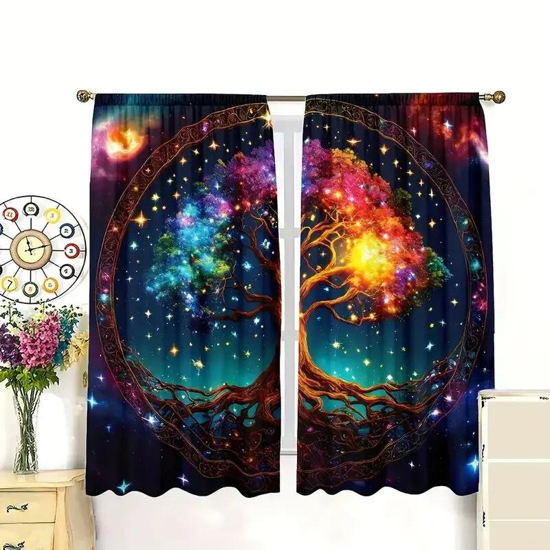 Colorful starry sky life tree pattern printed curtains   bedroom and living room   home decoration   room decoration