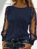 Women's Solid Color Top with Mesh & Sequin Lantern Sleeves, Round Neck Breathable Lace Shirt for Spring Summer