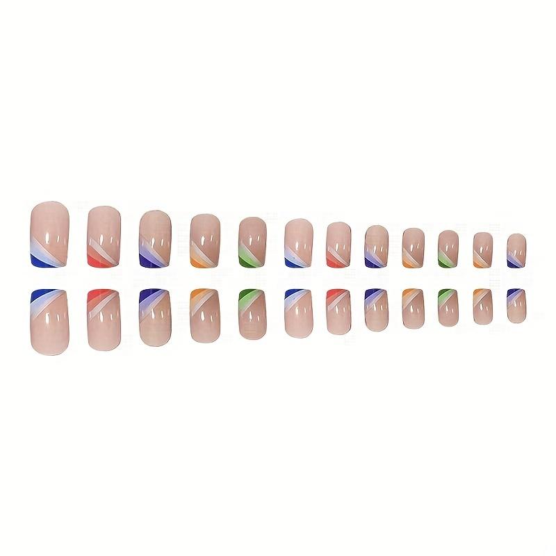 24PCS Press On Nails Colorful French Wear Nails Short Sweet  Cool Nail Pieces Fake Finger Nail Pieces Nail Stickers With Jelly Glue And Rubbing Strip