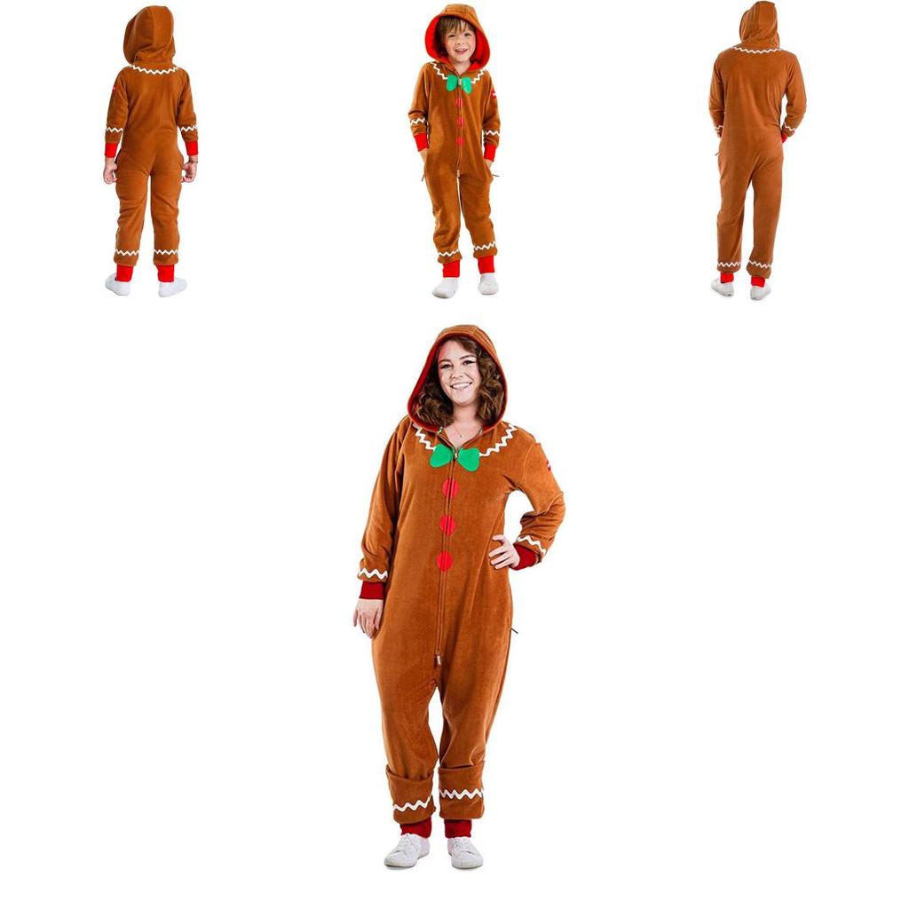 Xmas Party Hooded Jumpsuits For Kids Adult Gingerbread Man Cosplay Costume