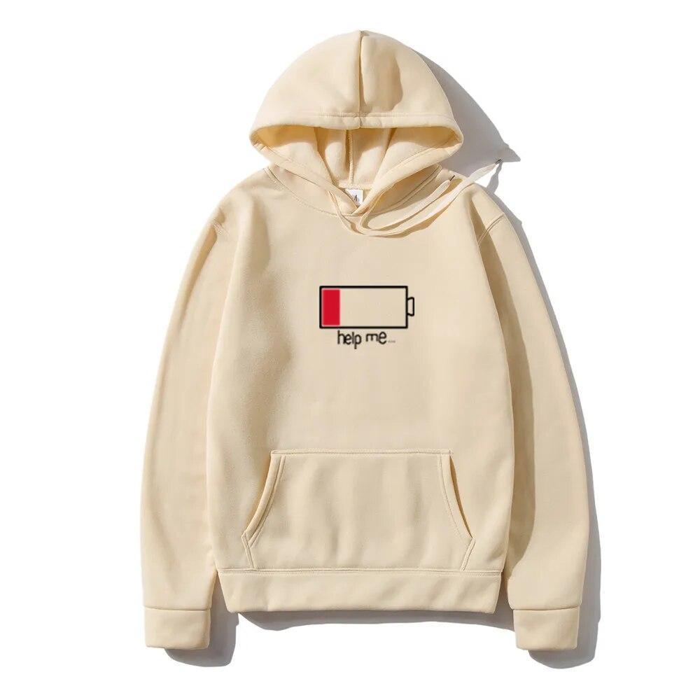 

Men Hoodies Funny Low battery Help Me Hooded Sweatshirts Fashion Hip Hop Hoodie Streetwear Male Autumn Winter Oversized Hoody