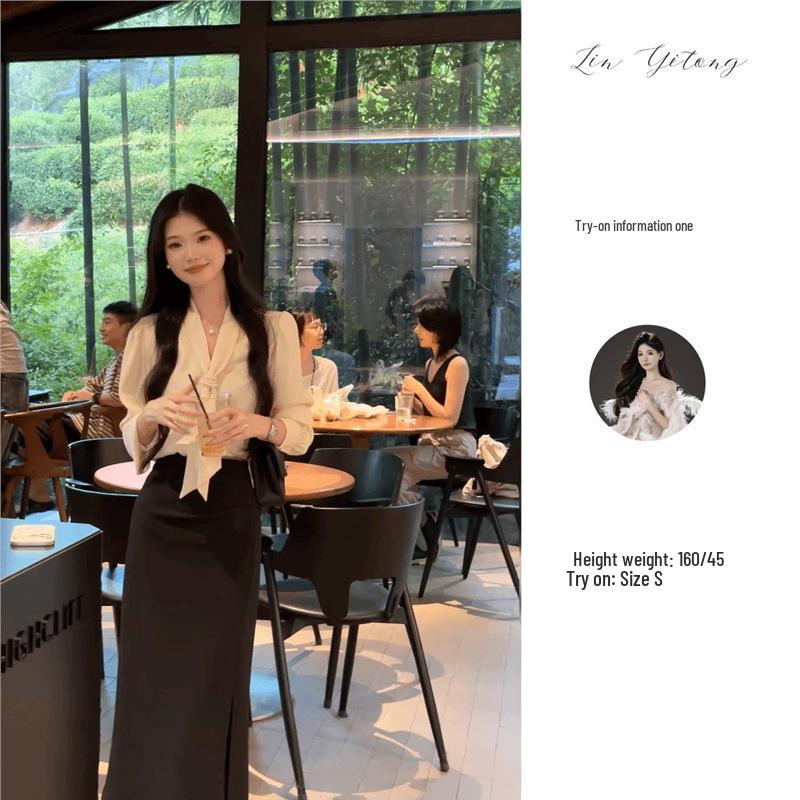 Chic Combo: Stylish Solid Long-Sleeve Shirt + High-Waisted A-Line Skirt Set