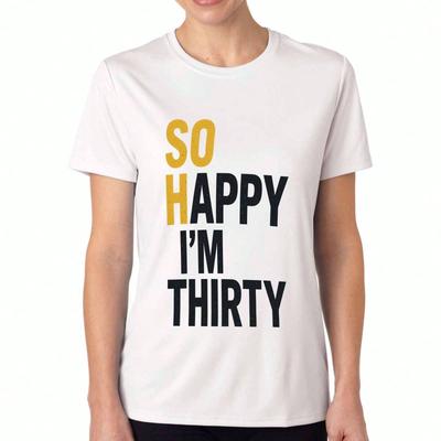 So glücklich, dass ich dreißig bin Damen Baumwoll-T-Shirt, Premium-Baumwolle mit Grafikdruck, Langlebig, Lässige Mode, Perfekt für Geburtstagsfeiern, Bequem und S
