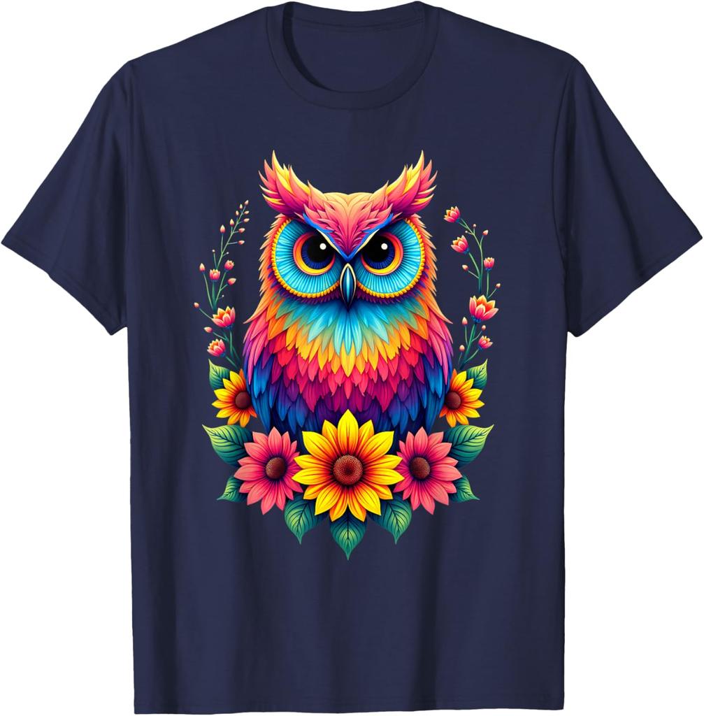 Colorful Watercolor Owl Sunflower Graphic Tee Breathable Cotton Casual Trip T-Shirt