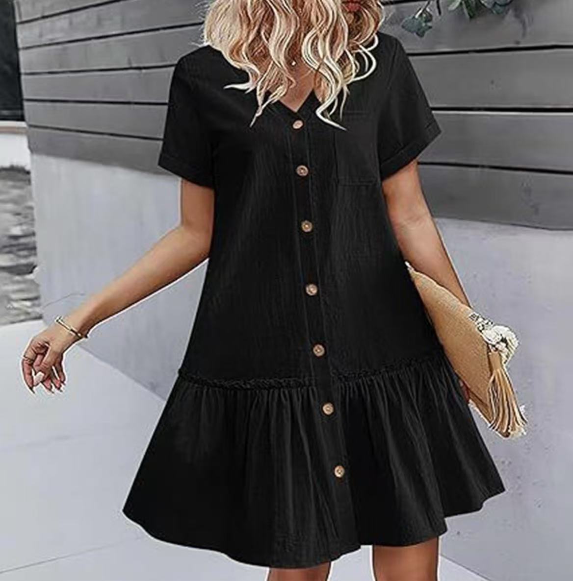 2026 European beautiful women s buckle loose summer cotton and linen dress ruffle hem casual short-sleeved dress S чёрный