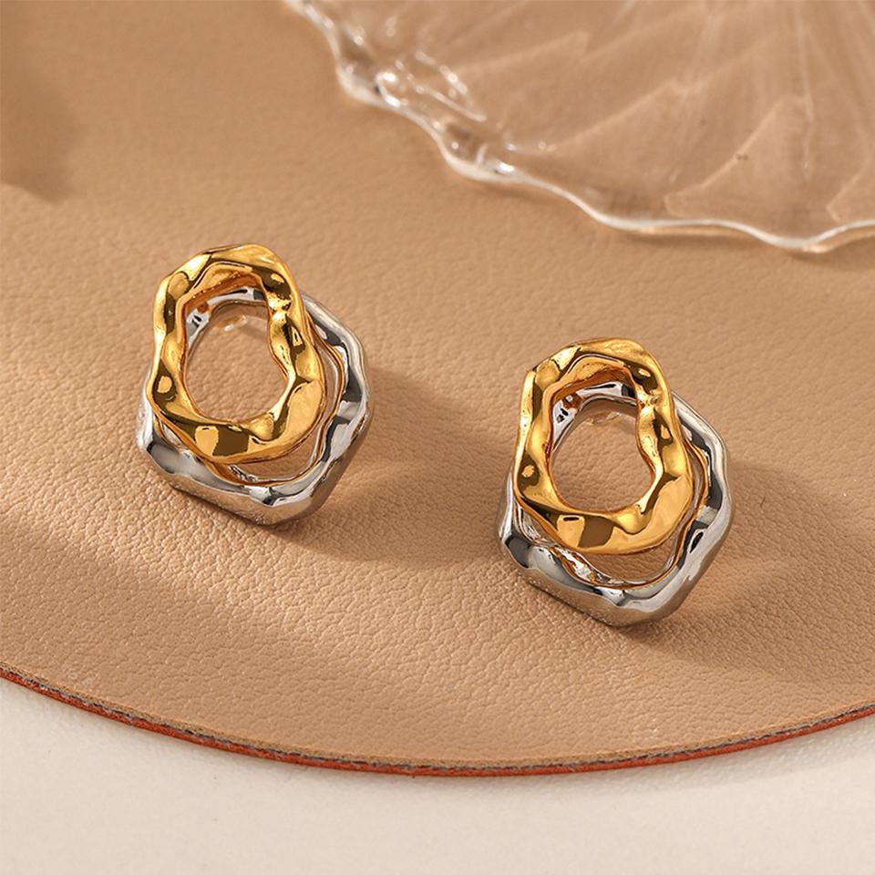 ZAKOL Irregular Gold Sliver Colors Circles Bilayer Piercing Post Earring for Women Bicolor Hammered Texture Ear Accessories Gift