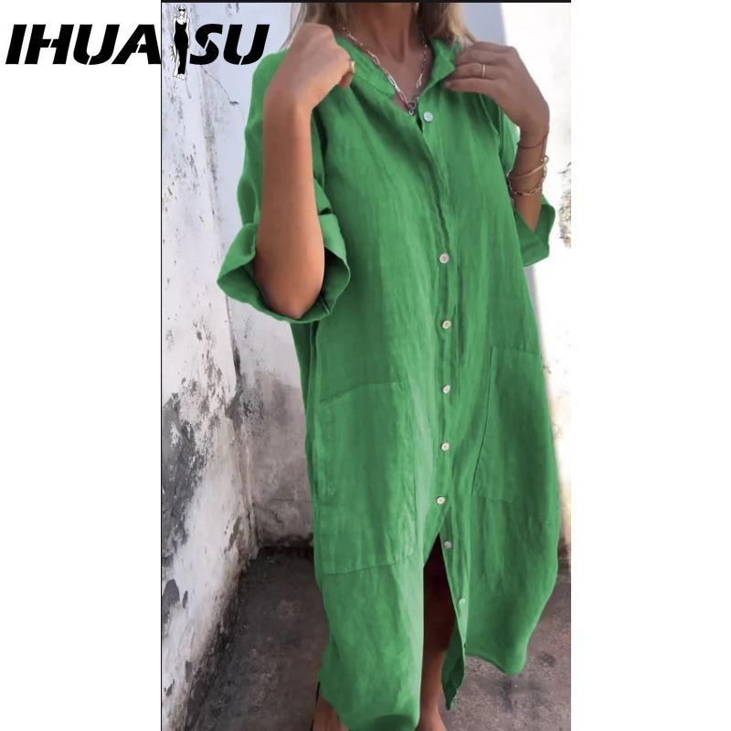 IHUASU Women's Fashion Summer Spring Solid Color Print POLO Neck High Waist Casual Dresses