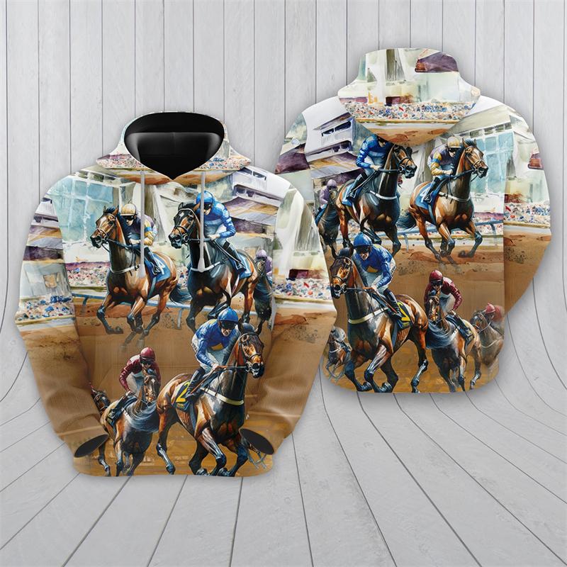 Horse Racing Graphic Hoodies For Men Clothes Race Sweatshirts Fashion Animal Pullovers Casual Boy Streetwear Contest Male Hoody
