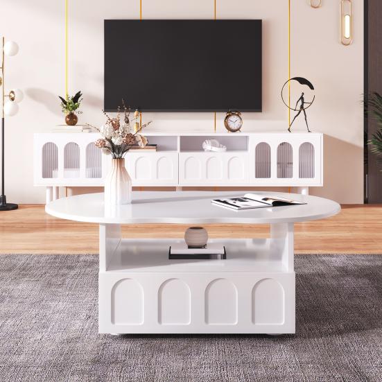 Coffee Table with Drawer Storage Compartments 2-Tiers Rounded Corner Smooth Surface Easy Assembly Cloud Shaped Coffee Table Home