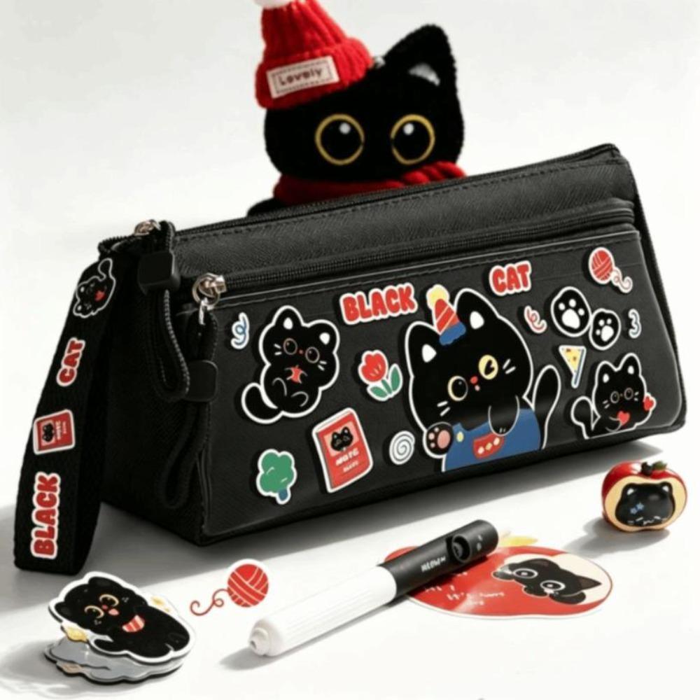 Large Capacity Panda Pencil Case Portable Pencil Pouch  Students Stationery Storage Black Cat