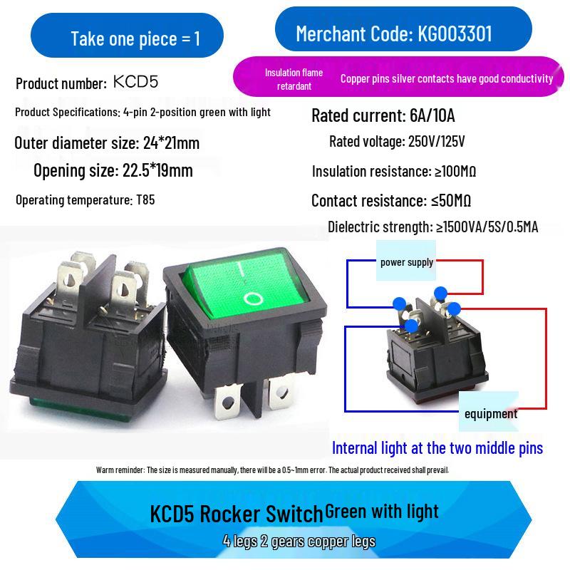 KCD5 Double Rocker Boat-Shaped Power Switch, 2 Switches, 4 Pins, 2 Positions