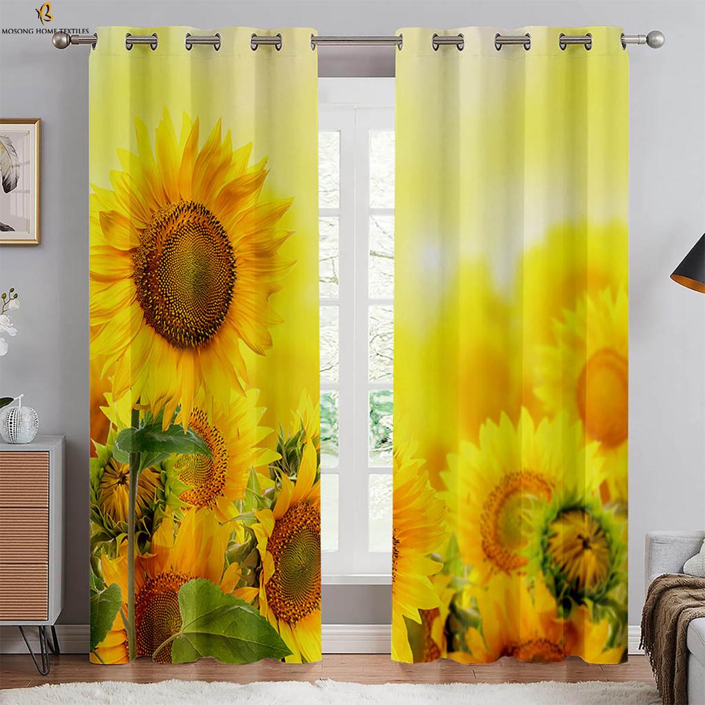 Floral Sunflower Print Curtains Yellow Pastoral Style Curtains Study Bedroom Living Room Decorative Curtains Easy To Wash 2PCS