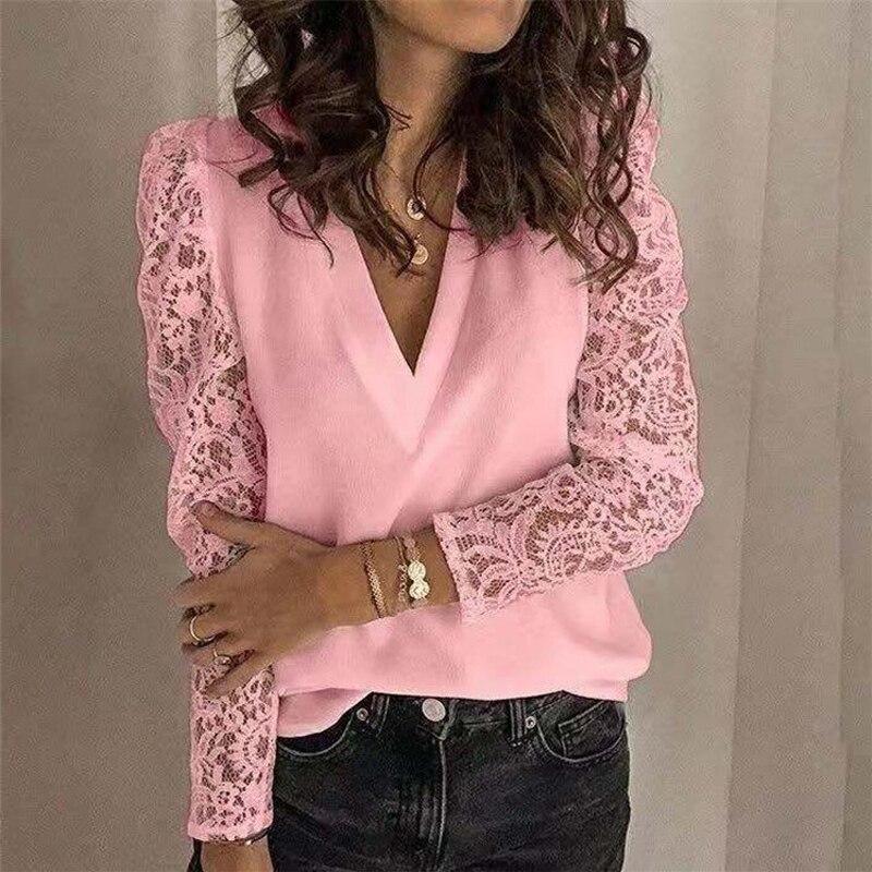Hohl Patchwork Spitze Hülse Frauen Bluse Vintage V-ausschnitt Lose Weibliche Shirts Weiß Langarm Blusen Tops Frauen Kleidung 19040
