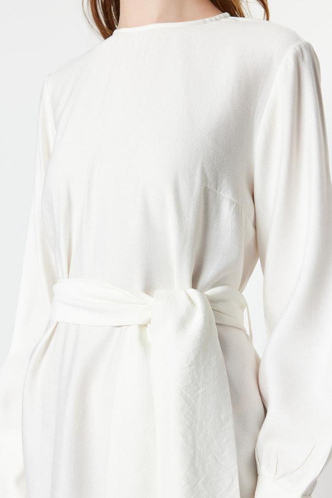 Women's Style Hijab Dress White Wide Belted Zipper Cuffed Woven Linen Look Dress