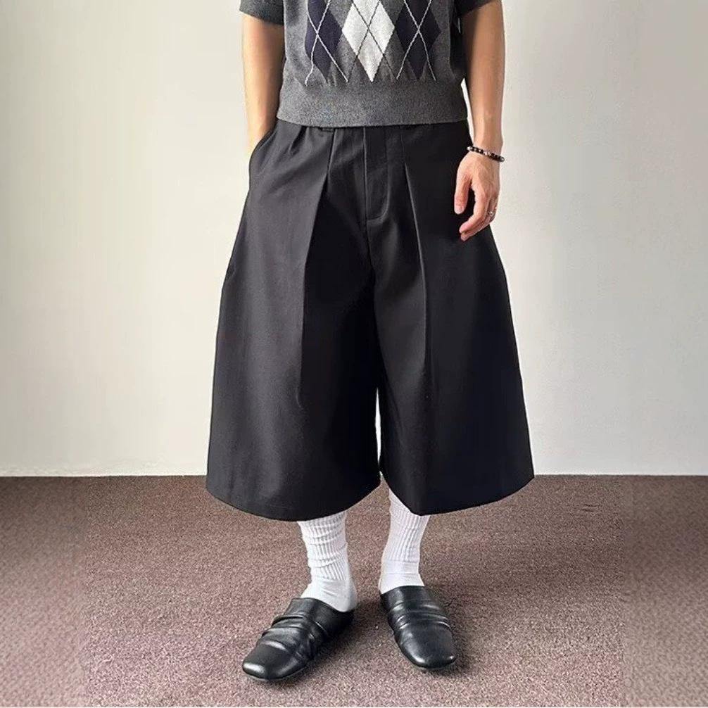 American Retro Pleated Wide-leg Cropped Trousers Men's Summer Thin Old Money Style Loose Straight Casual Shorts Tide