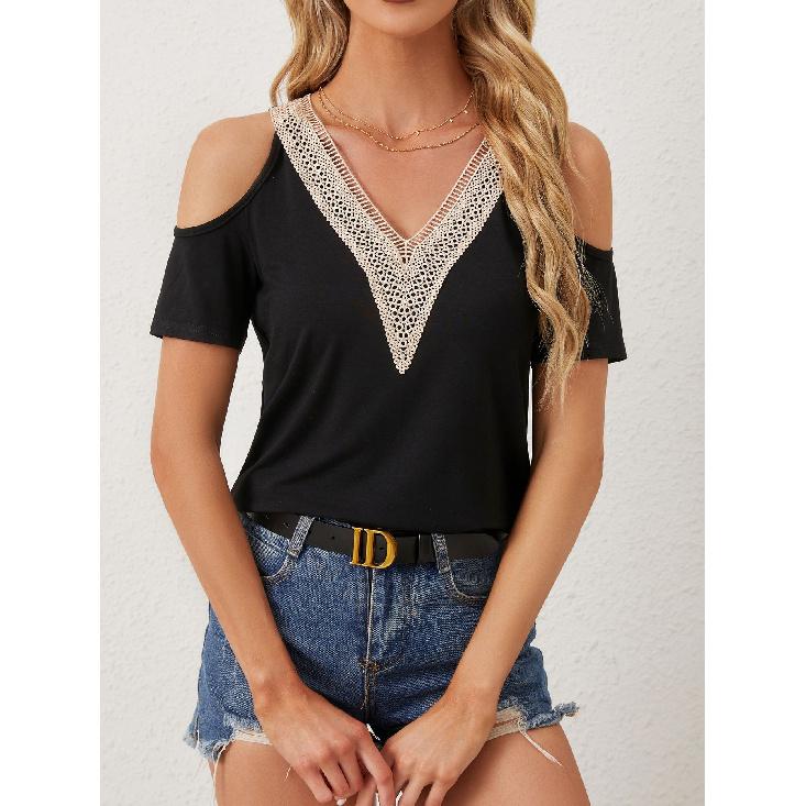 Spring Summer Autumn Solid Color Short Sleeved V-Neck Simple T-Shirt Slim Fit Sexy Temperament Fashionable Top Women'S Clothing