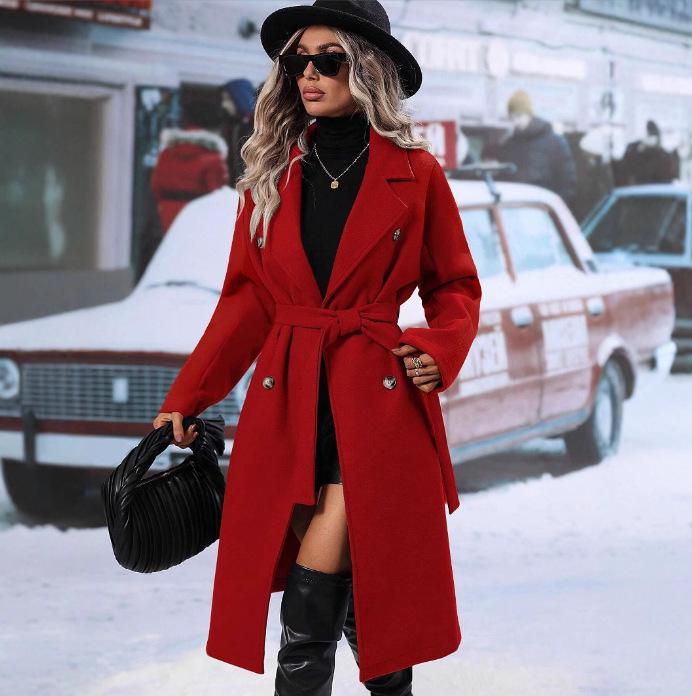 2025 Fall/Winter Women's Wool Double-Breasted Tie Coat