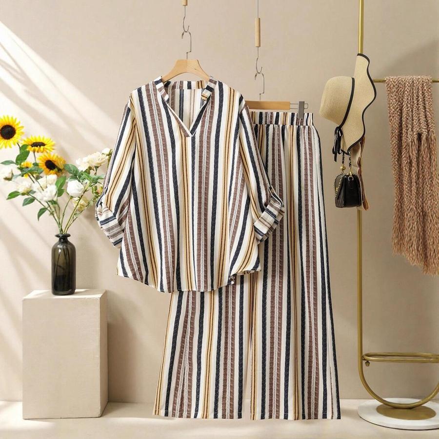 Women's Fall New Striped Printed V-Neck Set