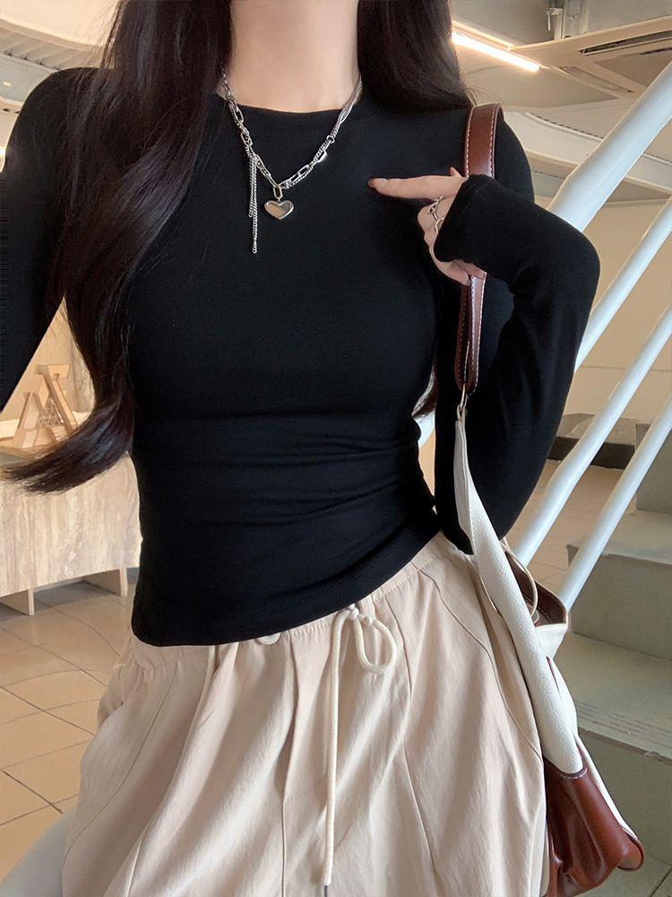 American Cinched Waist Long Sleeve T-shirt, Korean Style, High Stretch, Round Neck, Hot Girl Fashion for Autumn and Summer.