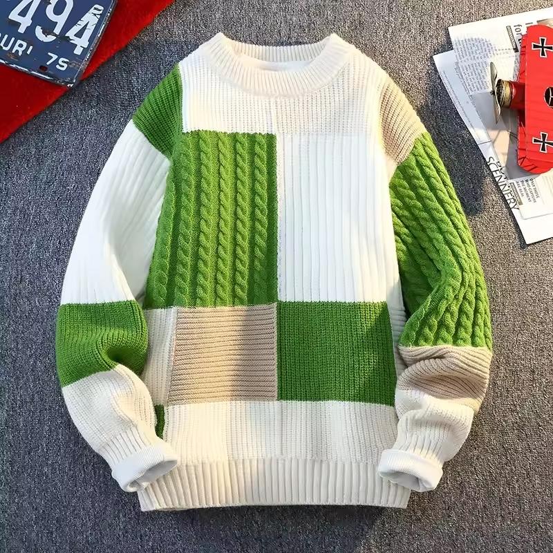 

Autumn Winter Men s Round Neck Knit Sweater Fashion Plaid Knitted Pullovers Men Casual Loose Warm Patchwork Sweaters 4XL зелёный