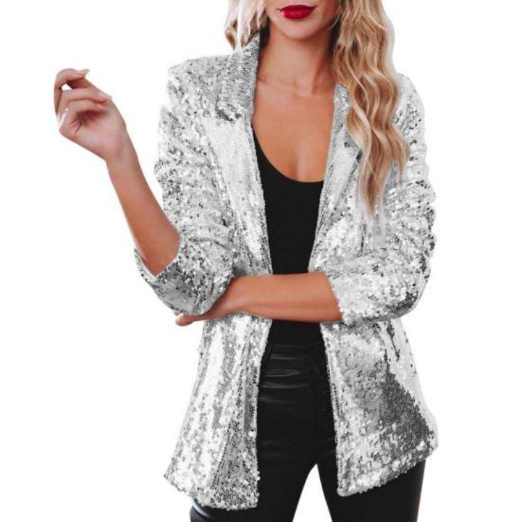 Shiny Sequins Women Casual Loose Fit Long Sleeve Cardigan Lapel Open Front Solid Color Suit Coat Clubwear Jacket