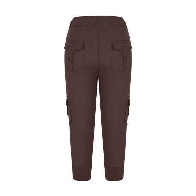 Kadın Elastik Bel Düğmeli Cepli Yoga Günlük Çok Yönlü Skinny Slim Zayıflatan Moda Çok Yönlü Yedi Nokta Pantolon