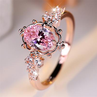 Luxury Crystal Pink Zircon Oval Stone Flower Rings For Women Vintage Rose Gold Color Wedding Band Bridal Jewelry Engagement Gift