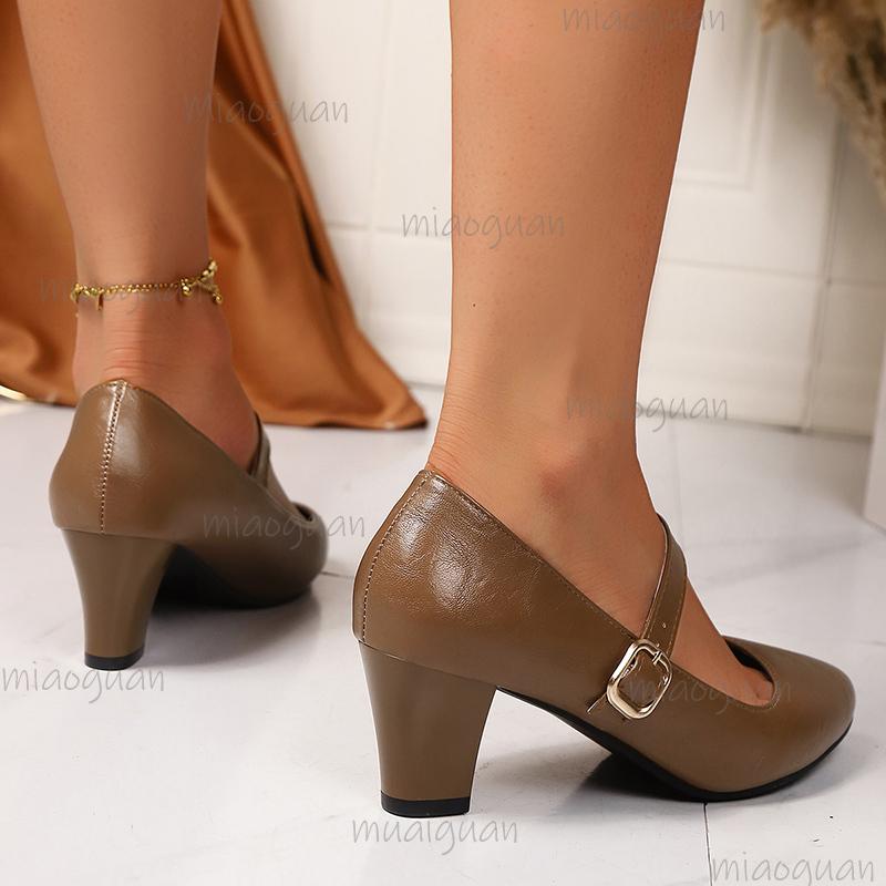 Fashion Women's Black White Mary Jane Pumps Buckle Strap Thick Med Heels Dress Shoes Woman Pu Leather Comfort Office Work Shoes Big Size
