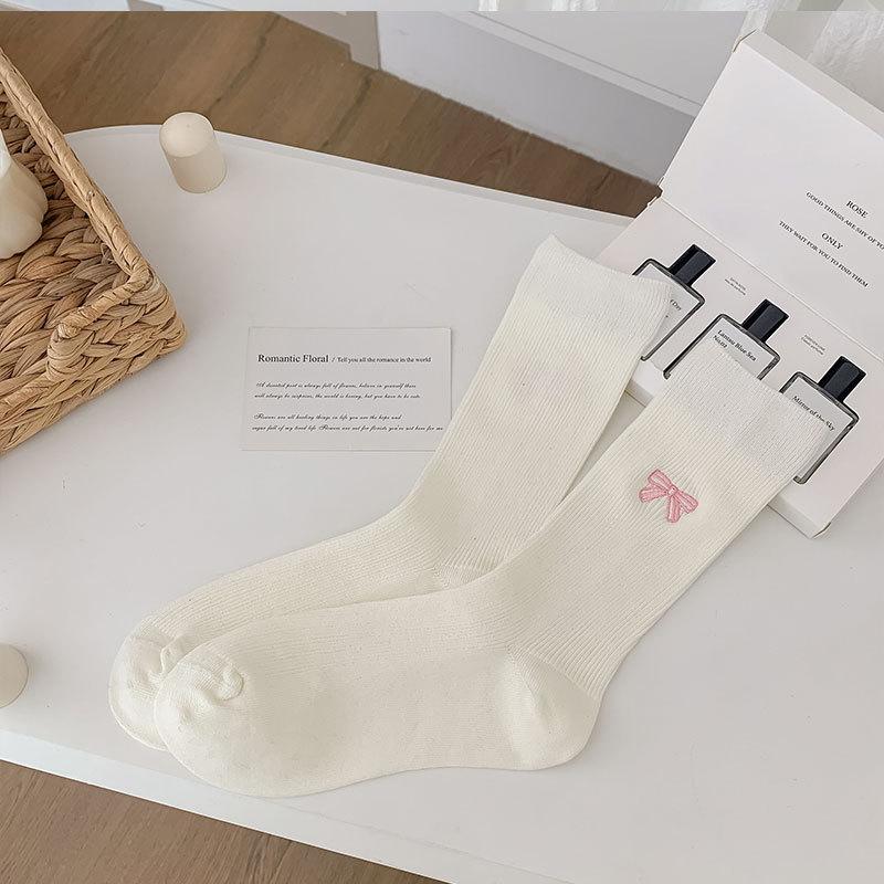 Embroidered Bow Socks Medium Socks Simple Trendy Double Needle Girls Growth Socks Student Vertical Strip Pile Socks Girl