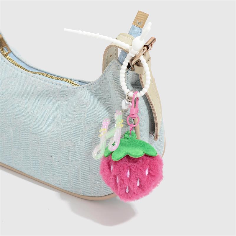Sweet Cute Plush Strawberry Bow Keychain Pendant Backpack Charm Phone Chain Bag Hanging Accessories Girl Diy Keyring Decor Gifts