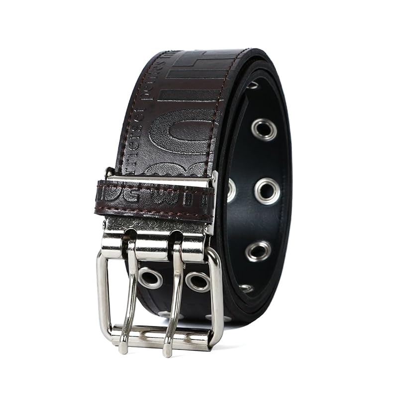 

[M.R.U.] belt men s casual double pin All-over pattern eyelet belt Synthetic leather English letters dark brown Free