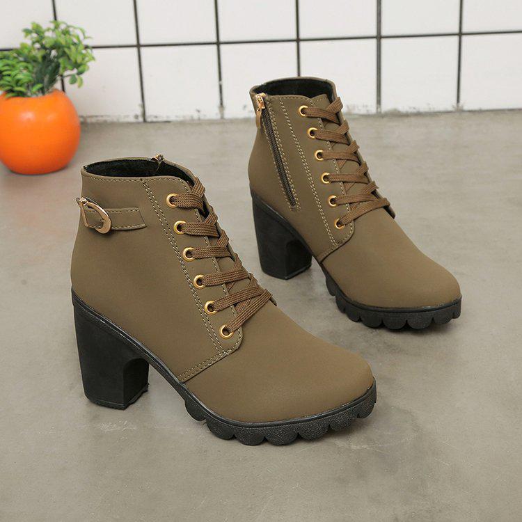 Women's Autumn High-Heeled Boots: Short, Thick-Heeled, Round-Toe Martin Style with Belt Buckles and Lace-Up Design