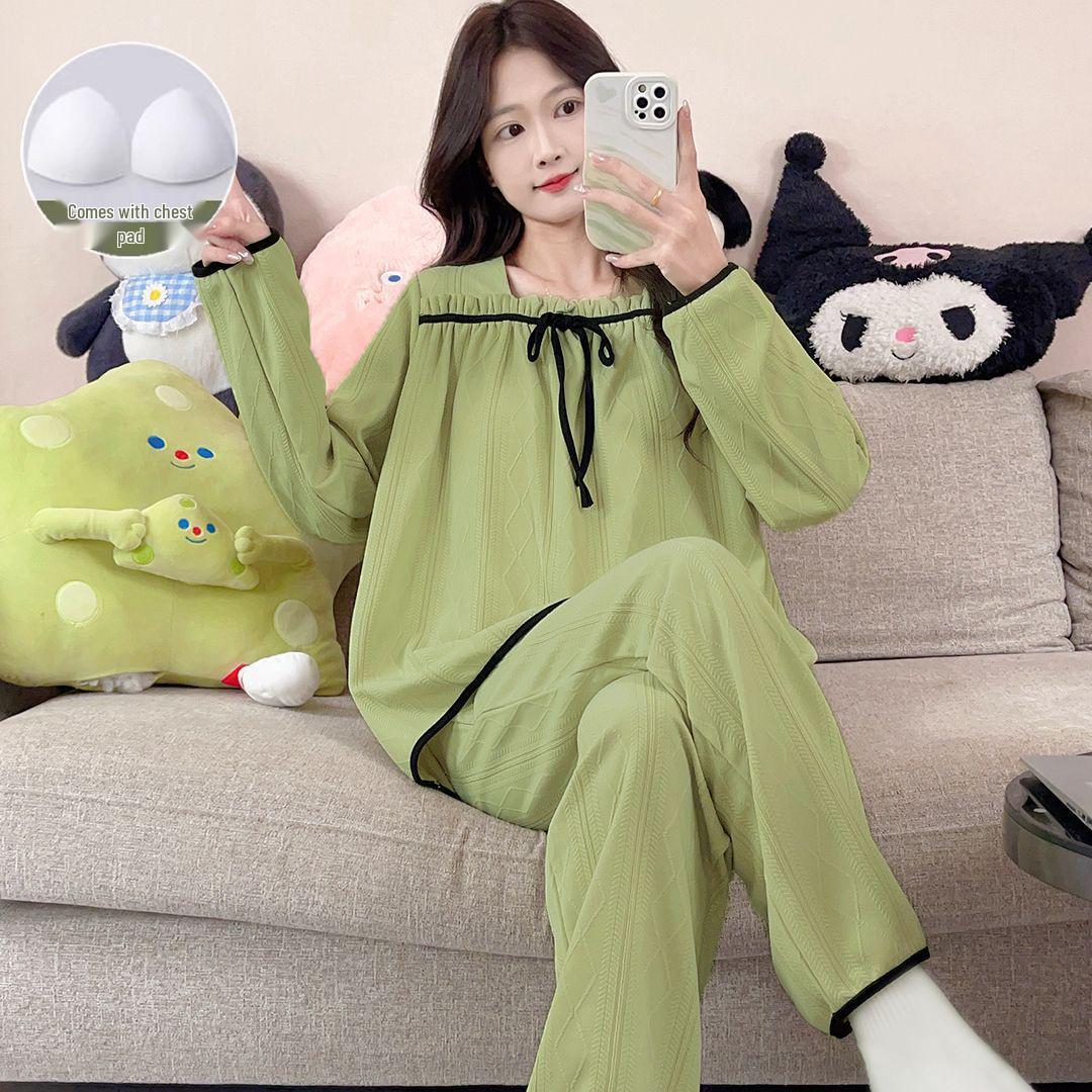

Women s Long-Sleeve Pajamas with Built-in Bra, Korean Style, Cartoon Print, Loose Fit for Spring, Autumn, Winter – Wear Indoors or Out. M