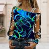 Plus Size Women Asymmetric Shoulder Long Sleeve Top Vibrant Tropical Leaf Print Mesh Lace Splicing Blouse