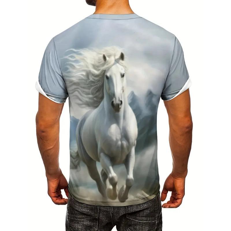Men's 3D Printed White Horse Pattern T-shirt Humorous Digital Printed Short Sleeved T-shirt Breathable Polyester Round Neck Casual