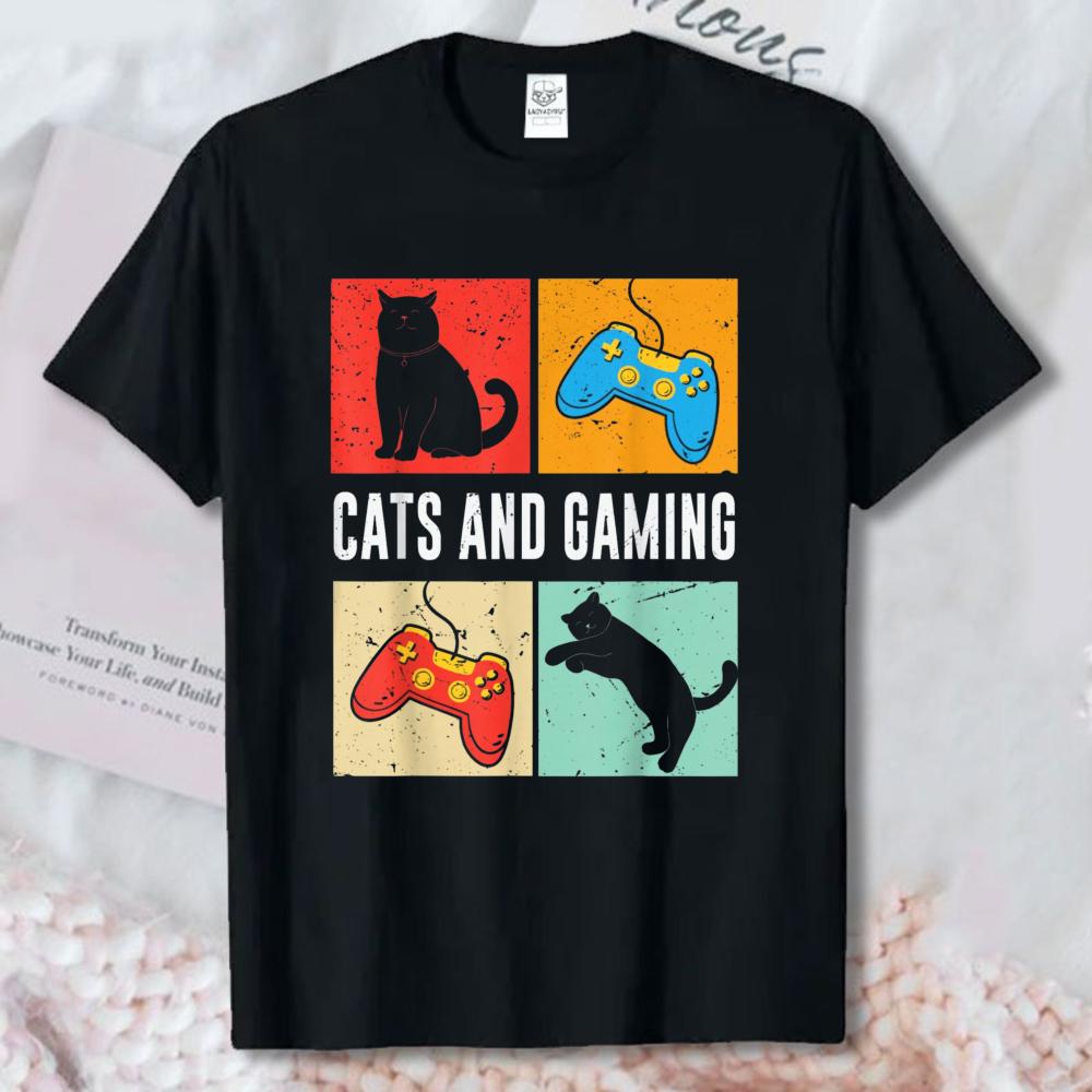 Cats And Gaming For The Cat Lover Gamer Video Game Player Tshirt Esport Pet Lover Streetwear Tops Vintage Game Controller Tees