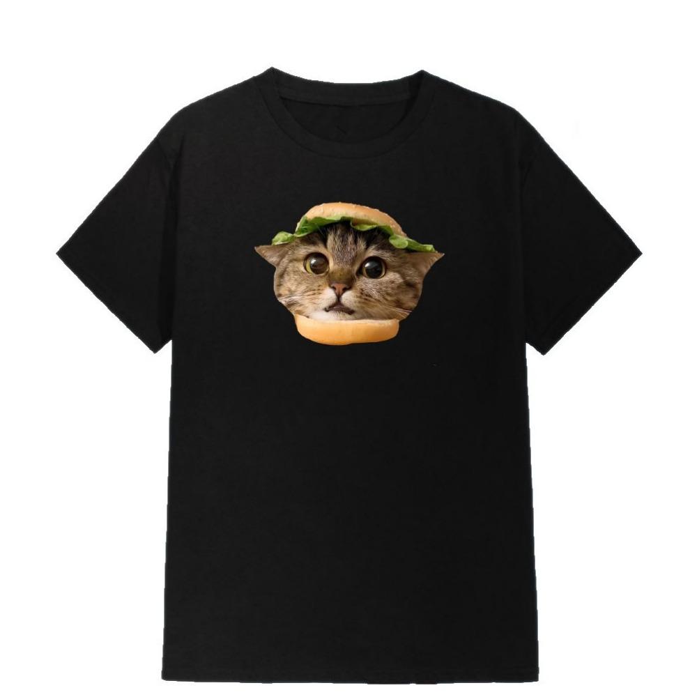 Women Cute Big Eye Burger Meme T Shirt Cat in Burger Print Short Sleeve O Neck Casual Tops Daily Wear S