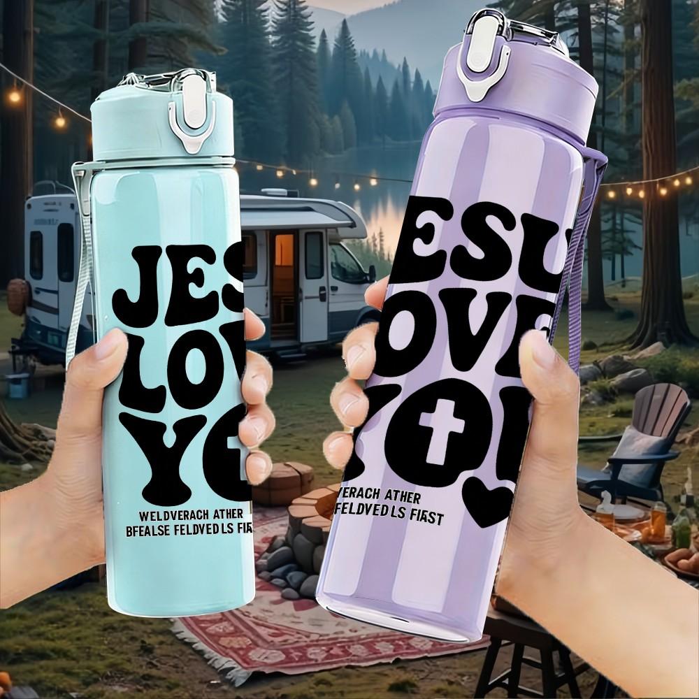 1PC Jesus Loves You Letter Art 750ml Color Plastic Sports Water Bottle Leakproof Flip Straw Lid Suitable for Sports Office Home Use
