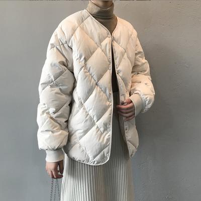Short Cotton Jacket Women's New Korean Autumn Winter Lightweight Diamond Lattice V-Neck Loose Casual Outerwear Versatile