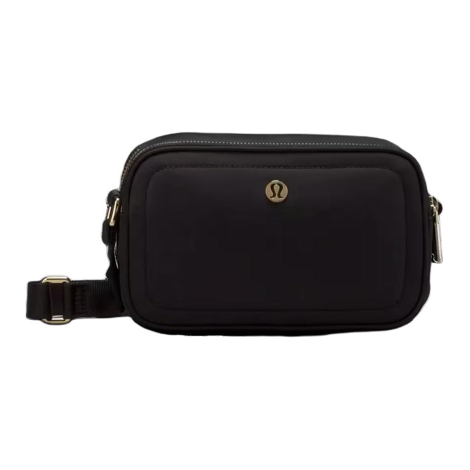 Lululemon Crossbody 2L Metal Logo Adjustable Shoulder Strap Zipper Closure Recycled Nylon Camera Bag Unisex Crossbody Bag Black Gold LW9EU1S-3385 Black & Gold