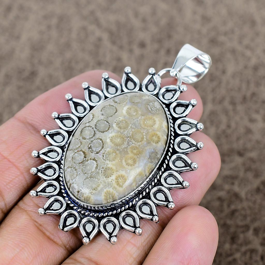 Fossil Coral Gemstone Handmade 925 Sterling Silver Jewelry Pendant 2.52" KKG-751