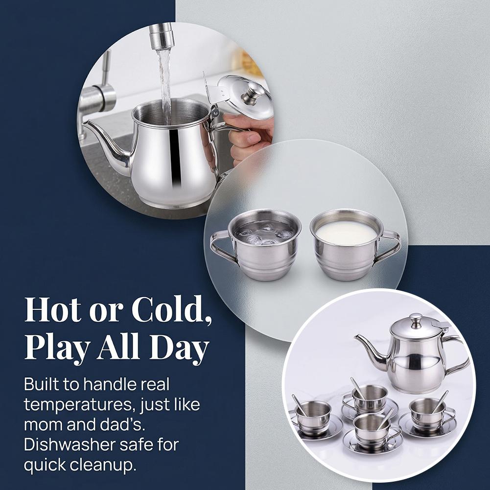 Kids Stainless Steel Tea Set Pretend Play Kitchen Toy Heat Resistant Safe Teapot Cups For Boys Girls Preschool Learning