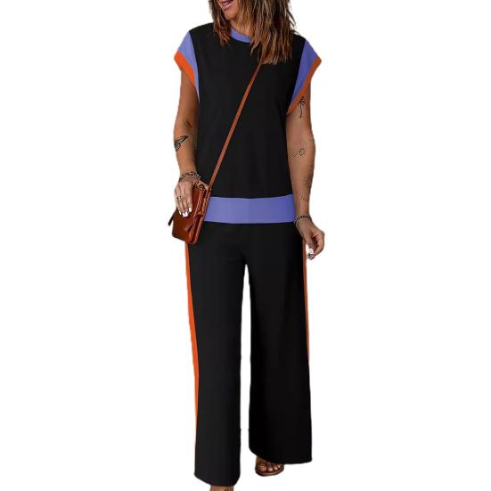 2 Pcs/Set Women Top Pants Set Thin Loose Sleeveless O Neck Round Neck T-shirt Wide Leg