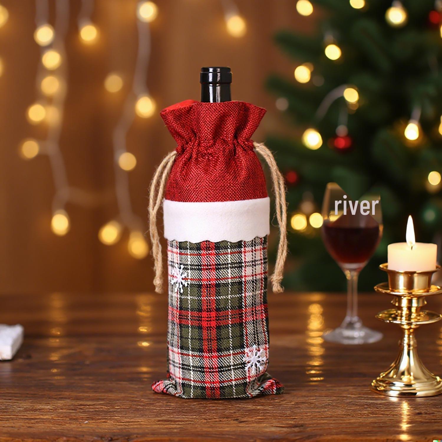 

Plaid Burlap Snowflake Wine Bottle Bag - Christmas Table Decoration