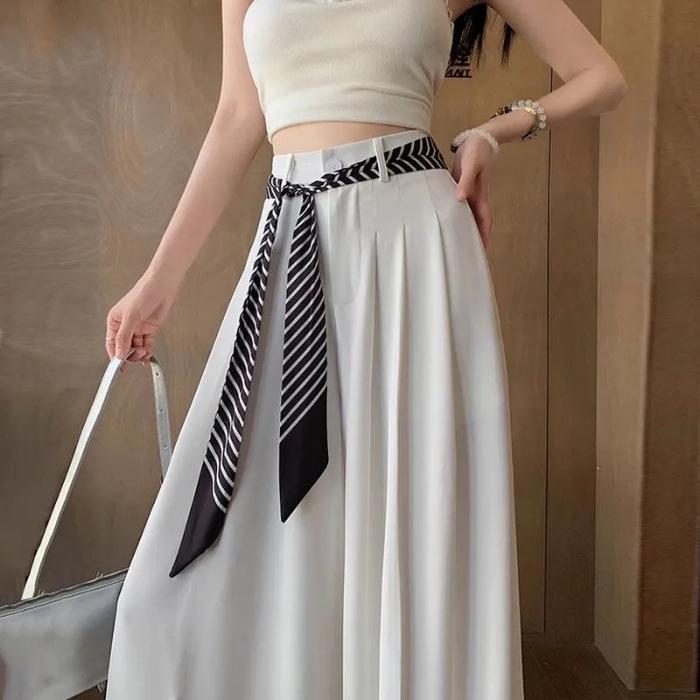 

Women s Summer 2025 High-Waisted Wide-Leg Silk Pants with Scarf Tie 2XL белый
