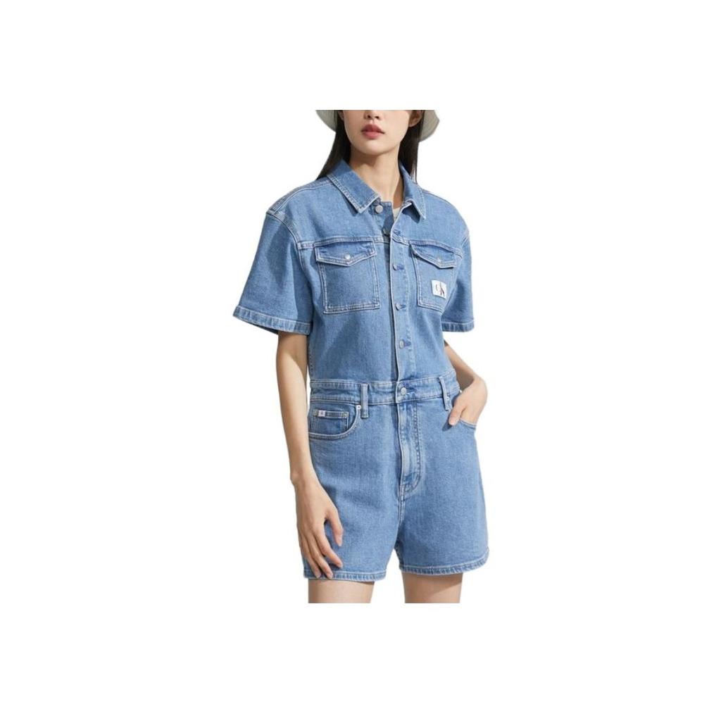 Calvin Klein Label Stud Button Stretch Denim Shorts Women Shorts Denim-Blue J221178-1A4