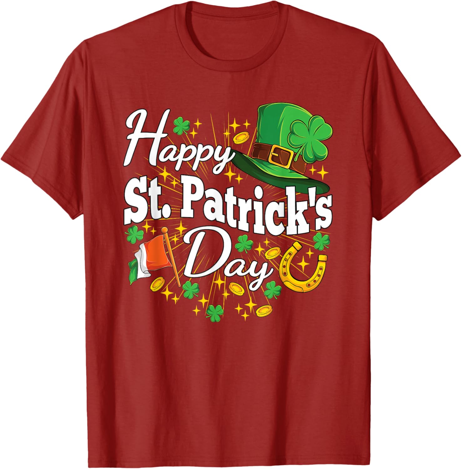 Happy St Patricks Day Irish Shamrock Horseshoe Graphic Tee Unisex Women Casual TShirt S